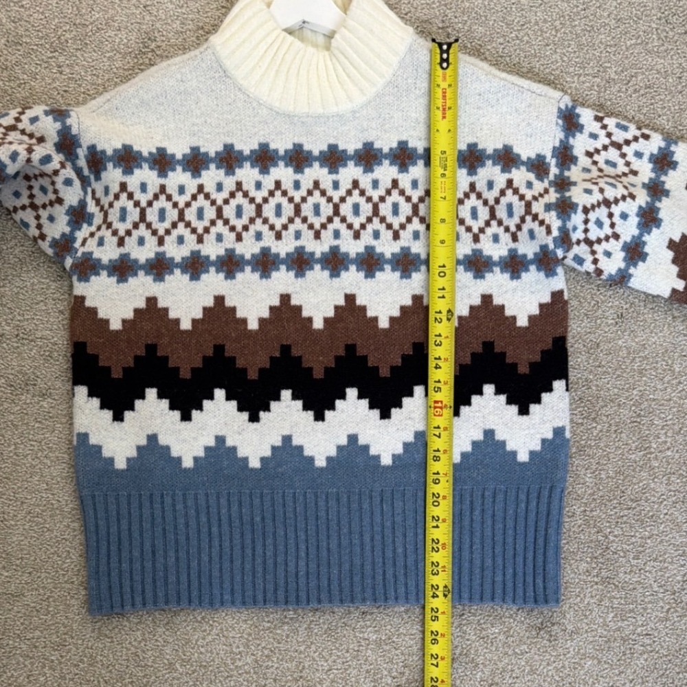 Joseph A Men Medium Fair Isle Mock Neck Geometric Sweater Blue Brown White - Picture 6 of 8